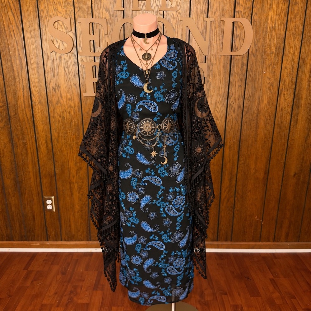 90s Black Blue Beaded Paisley Maxi Dress Style & Co Sz 6P Boho Whimsigoth Witchy